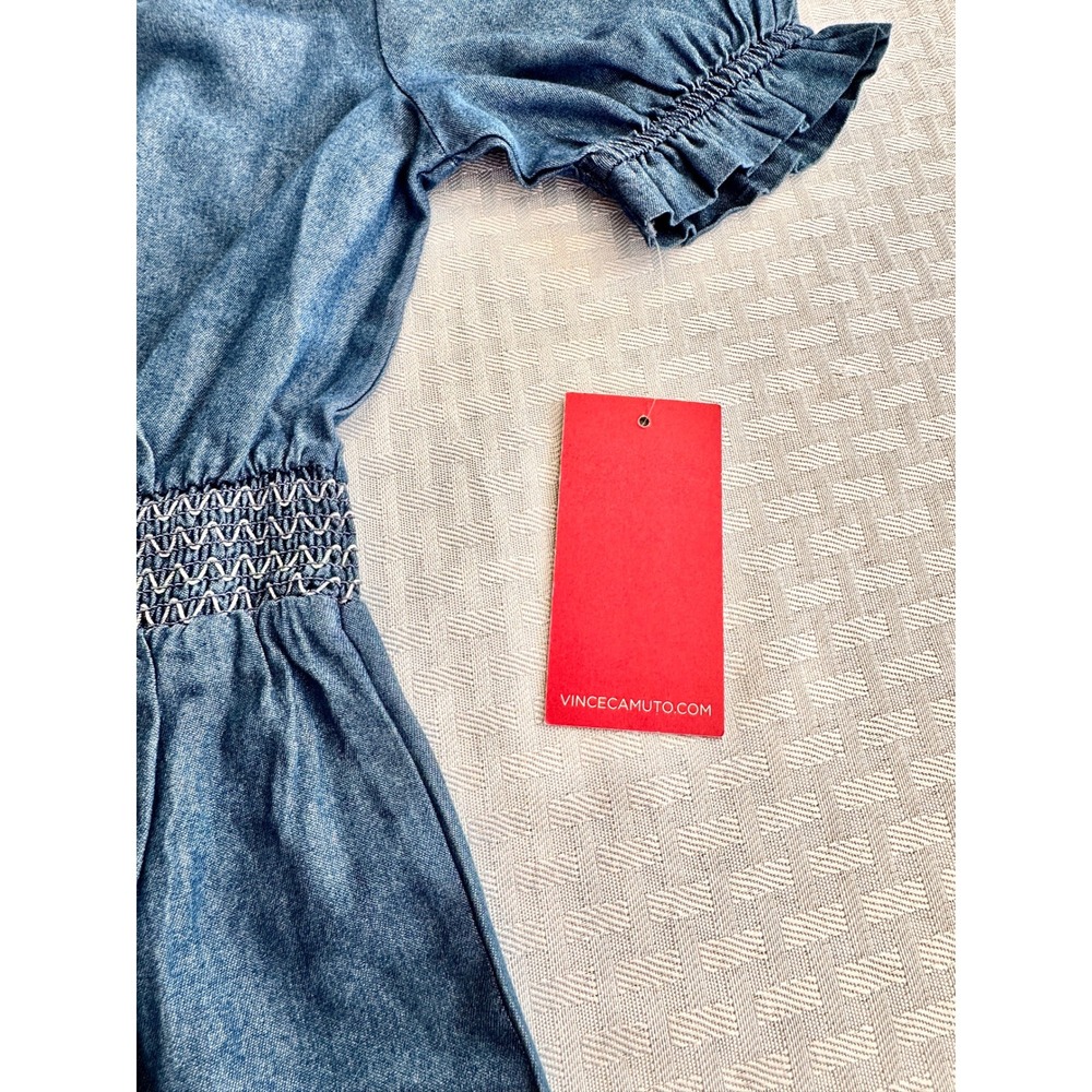 Vince Camuto‎ Girls Denim Romper One Shoulder Puff Sleeve Blue Chambray NWT 6X - Picture 9 of 9